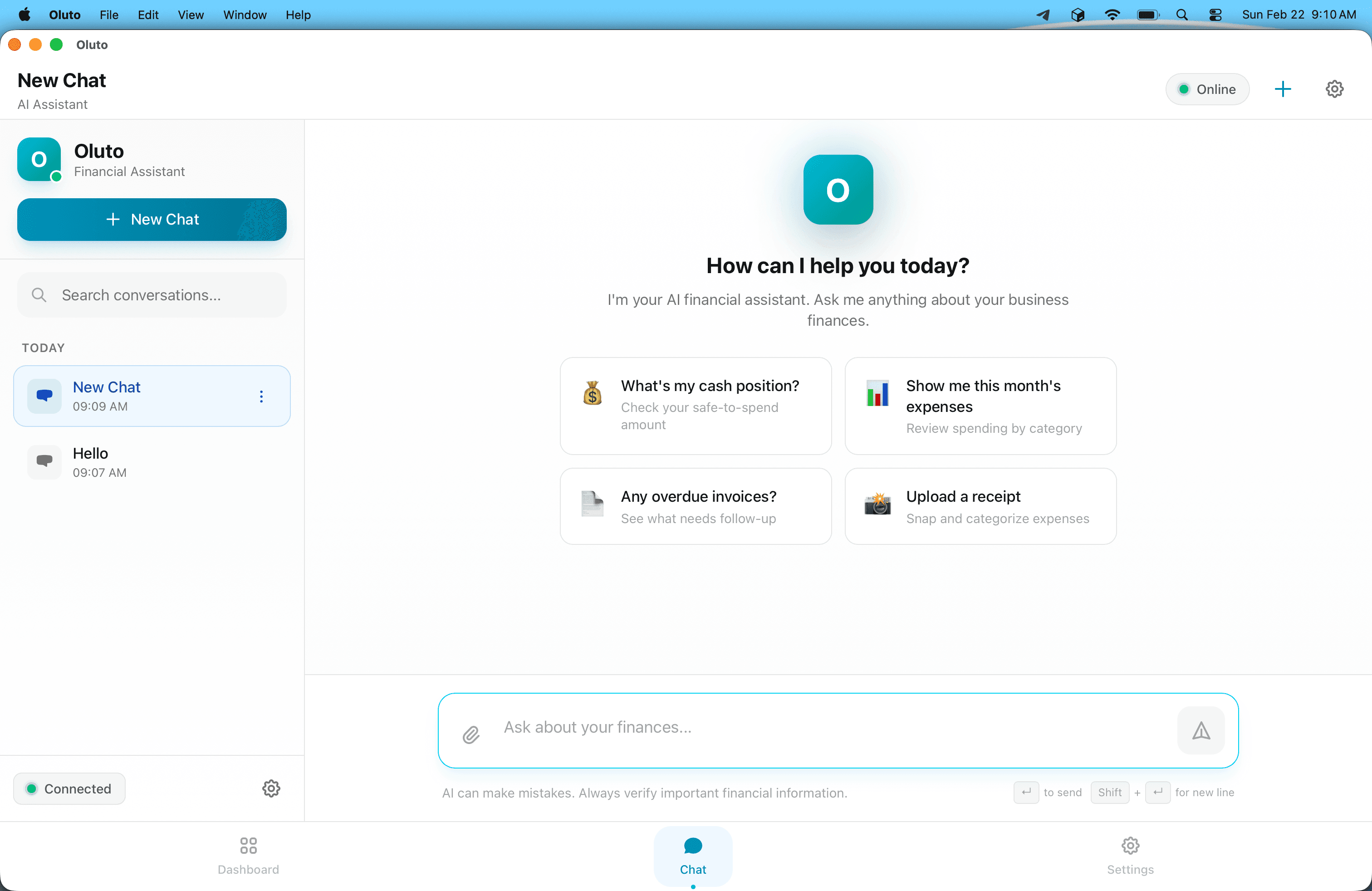 Chat interface with quick action cards for financial queries