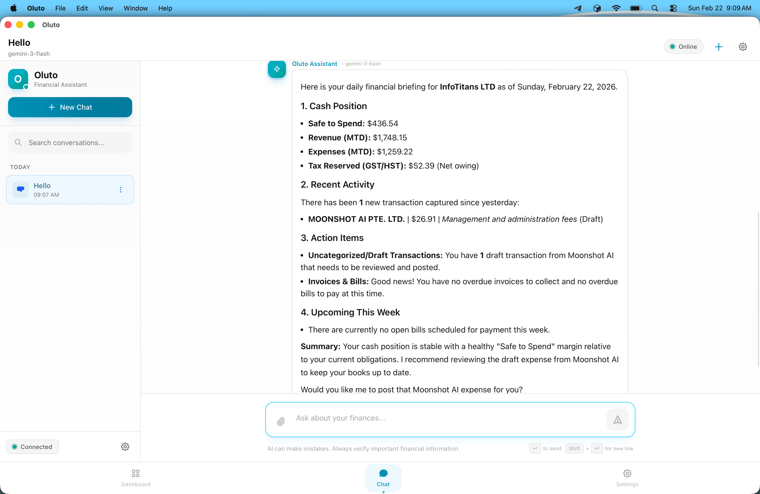 Daily Briefing Agent delivering a CFO-level morning summary on the Oluto desktop app